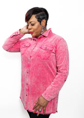 Pink Denim Corduroy Shirt Dress